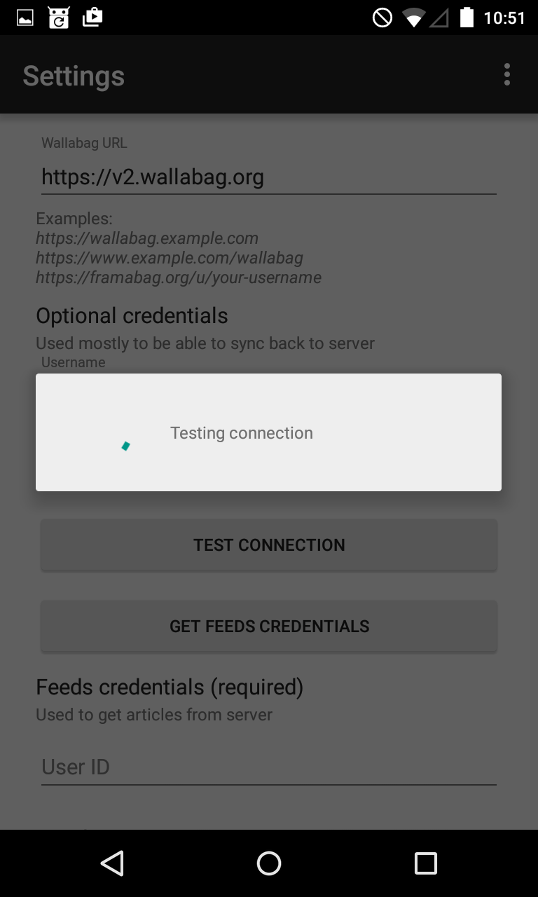 Test di connessione con i vostri dati di wallabag